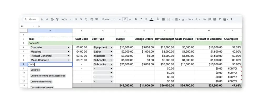 construction budget template